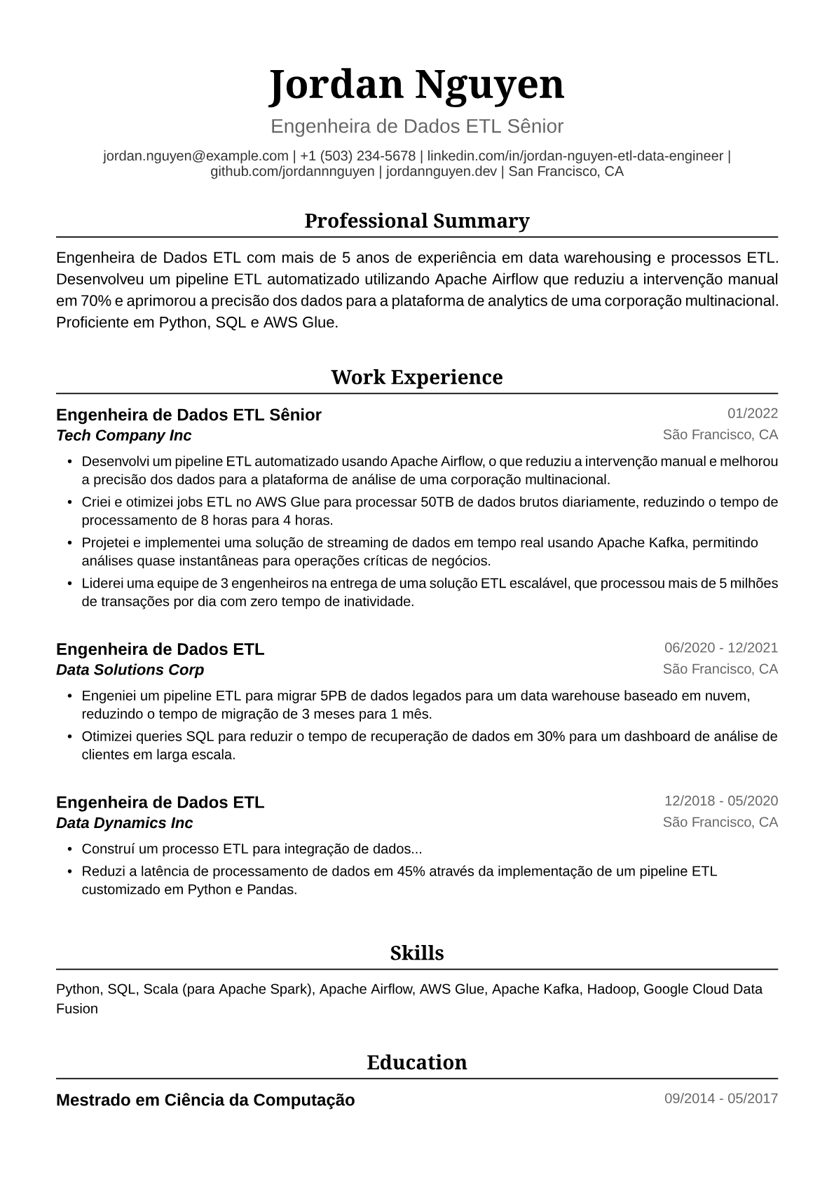 Exemplo de Currículo para Engenheira de Dados ETL