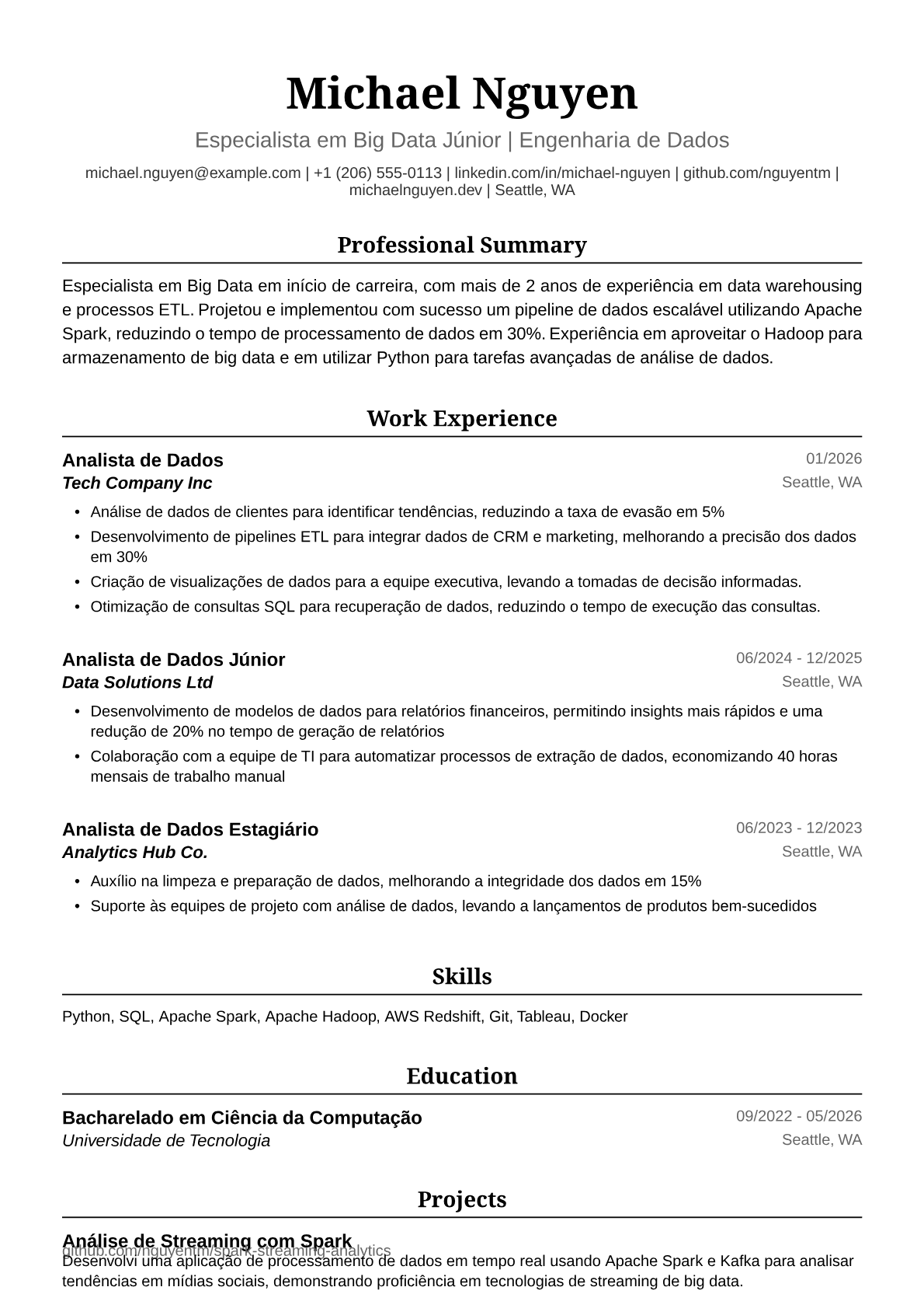 Exemplo de Currículo para Engenheira de Dados Júnior
