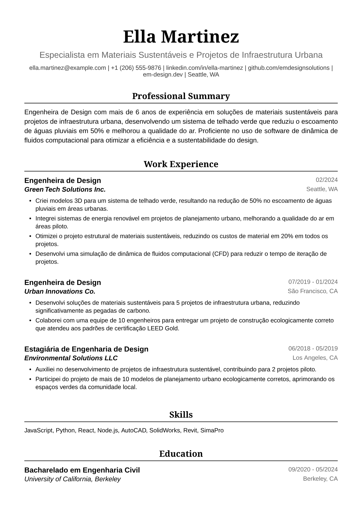 Exemplo de Currículo para Engenheira de Design