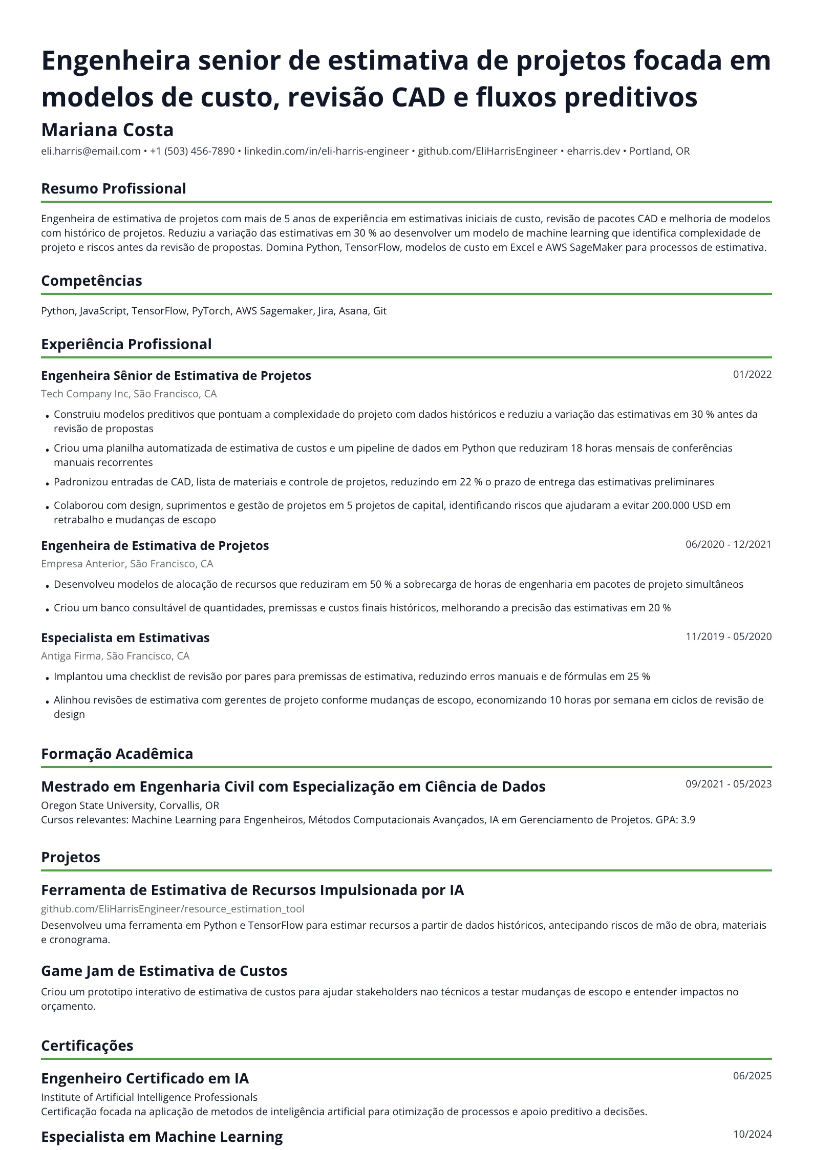 Engenheira de estimativa de projetos