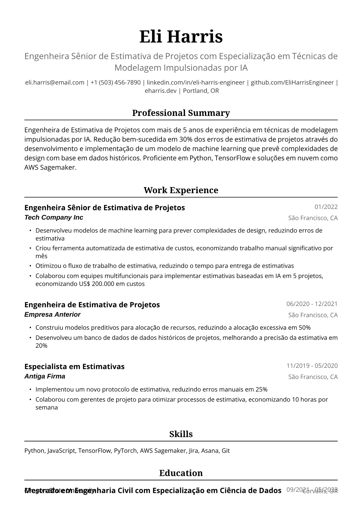 Exemplo de Currículo para Engenheira de Estimativa de Projetos