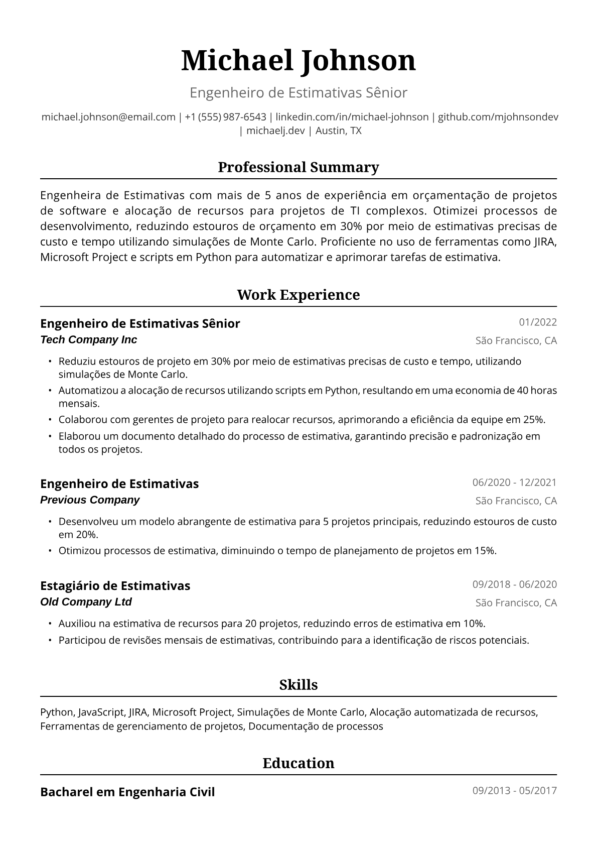Exemplo de Currículo para Engenheira de Estimativas