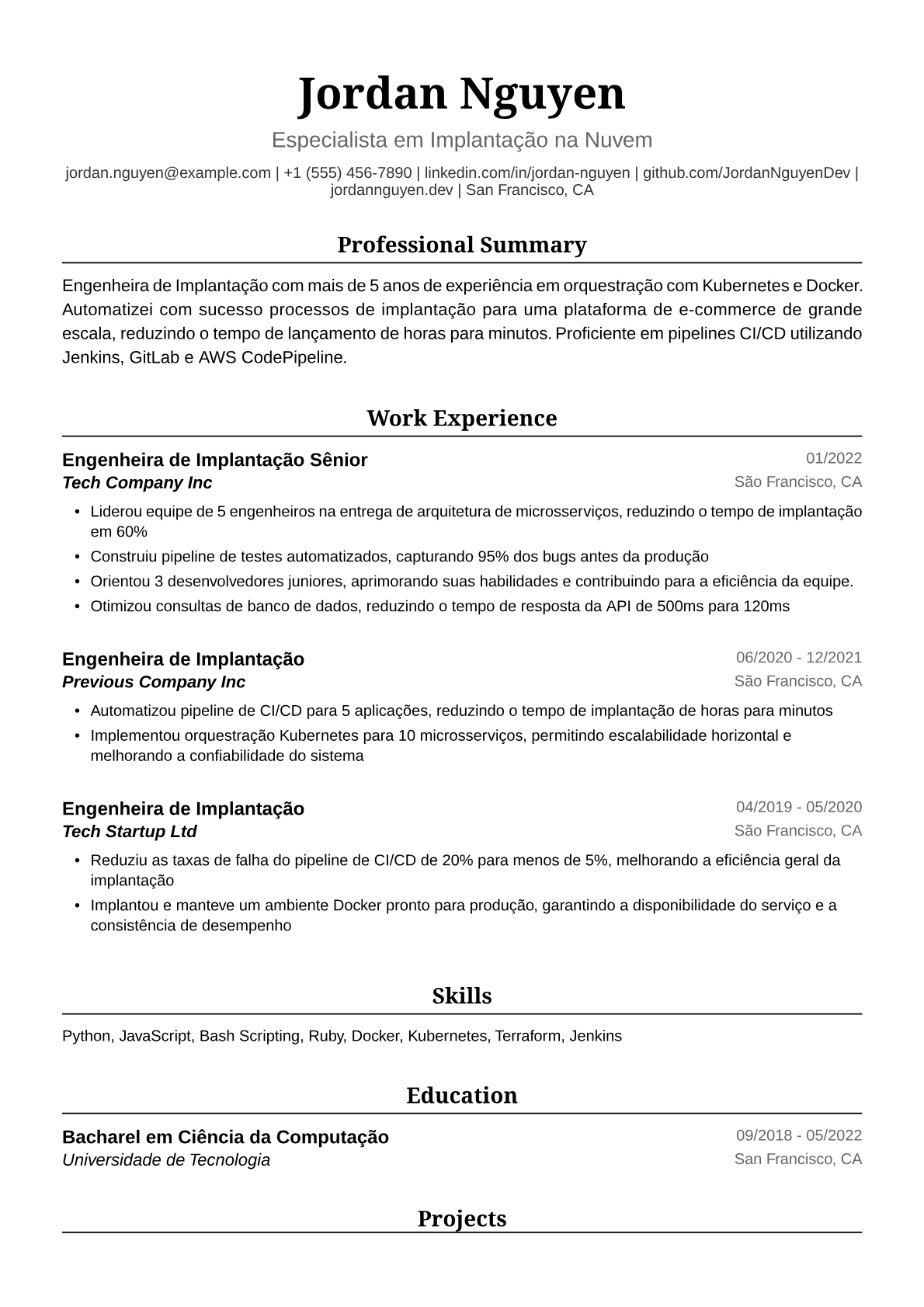 Exemplo de Currículo para Engenheira de Implantação