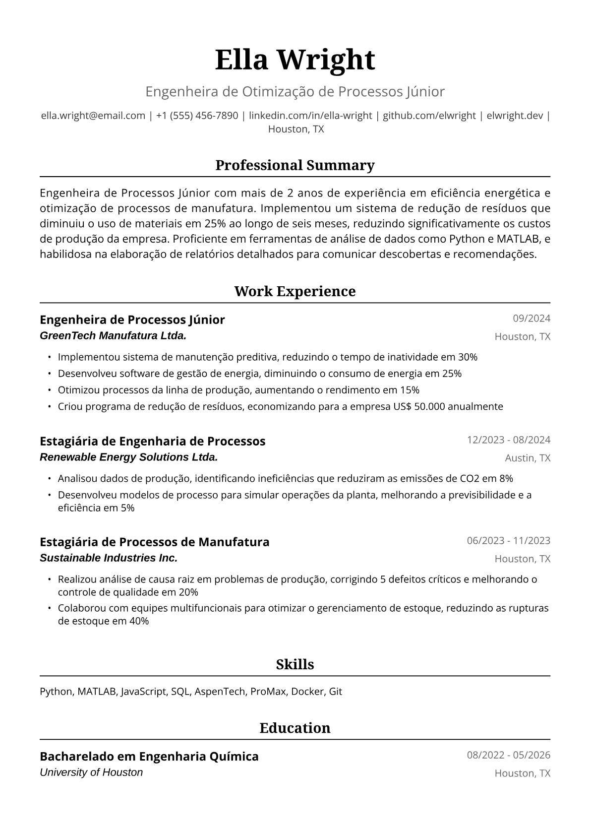 Exemplo de Currículo para Engenheira de Processos Júnior