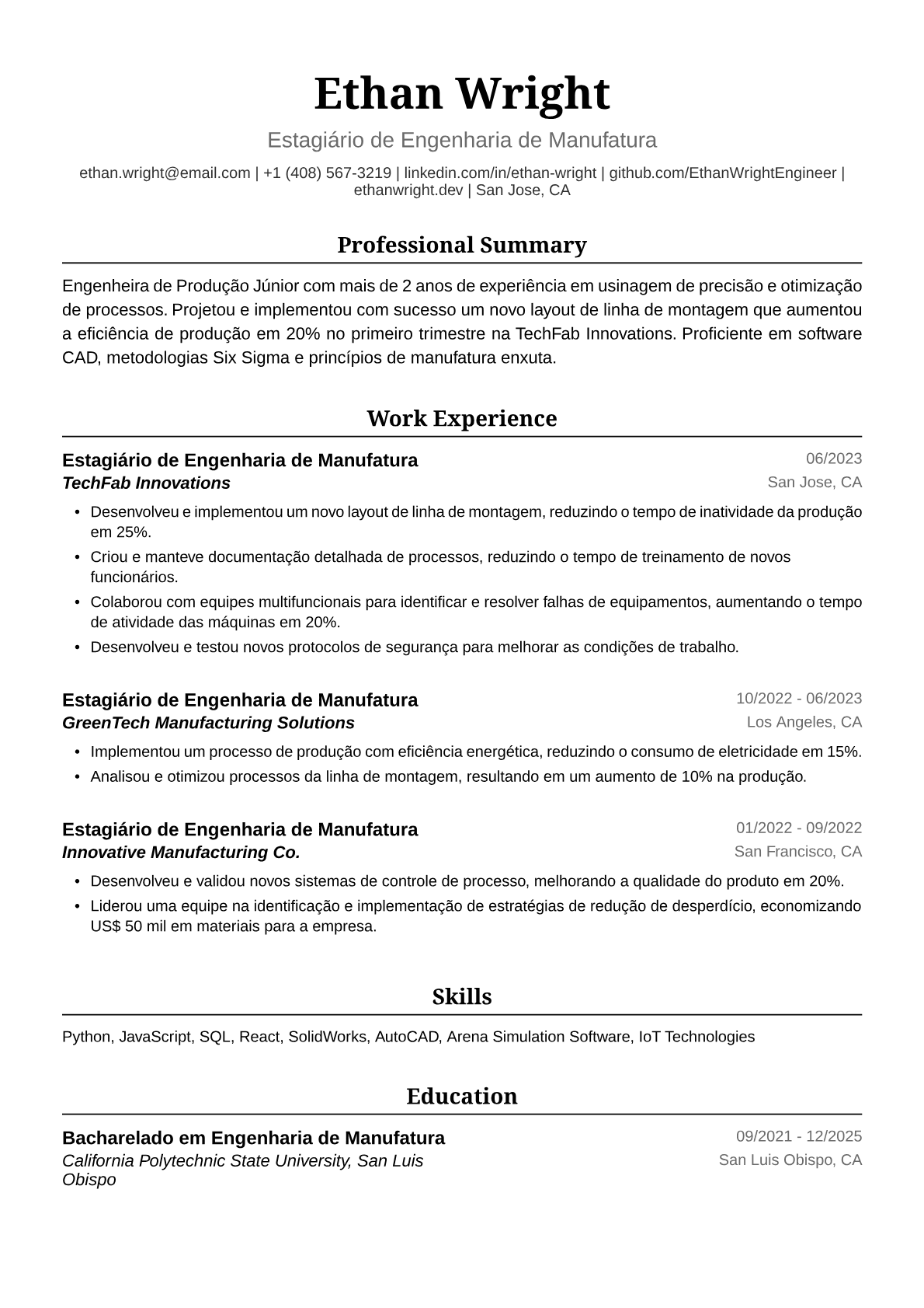 Exemplo de Currículo para Engenheira de Produção Júnior