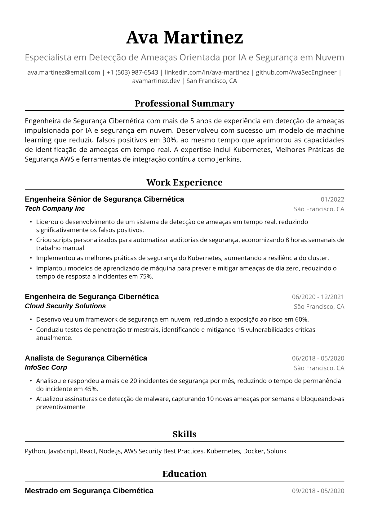 Exemplo de Currículo para Engenheira de Segurança Cibernética