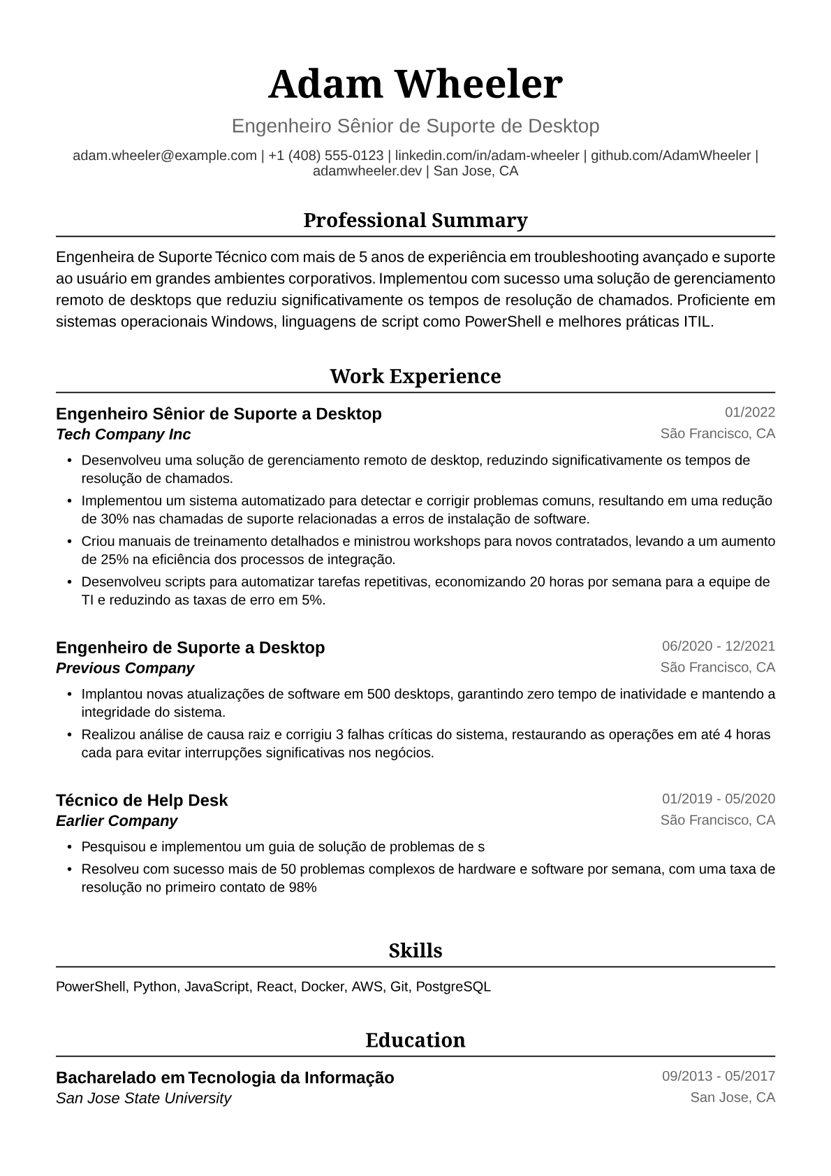 Exemplo de Currículo para Engenheira de Suporte Técnico