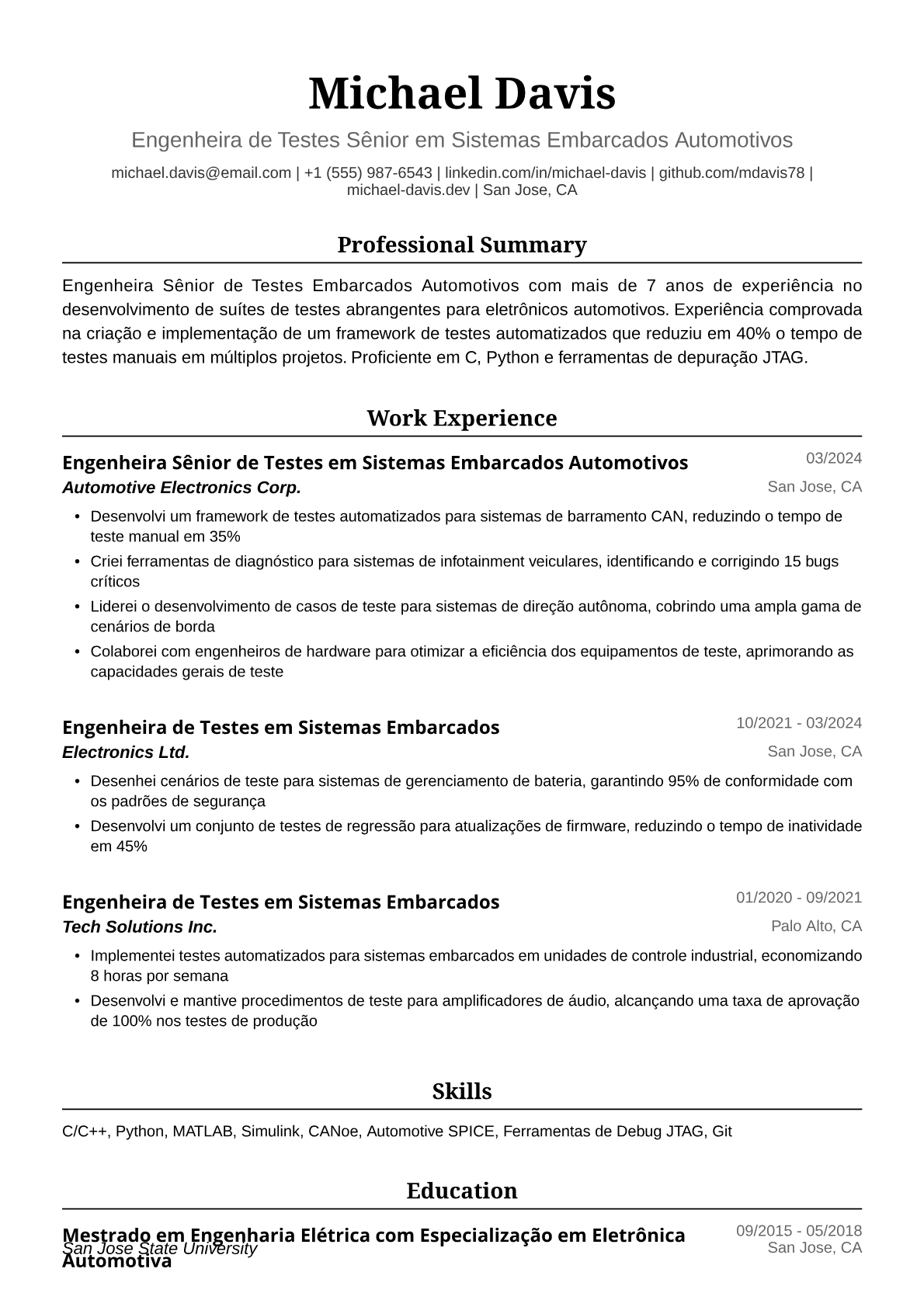 Exemplo de Currículo de Engenheira de Testes Embarcados