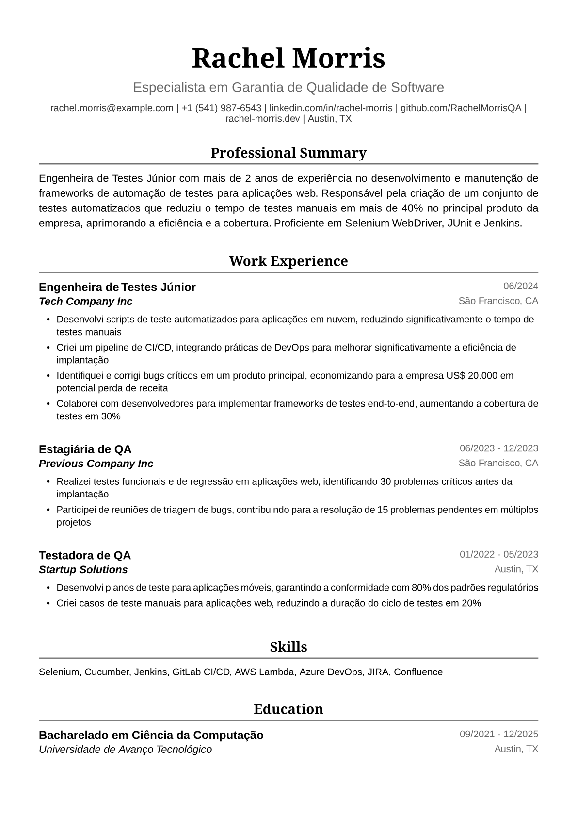 Exemplo de Currículo para Engenheira de Testes Júnior