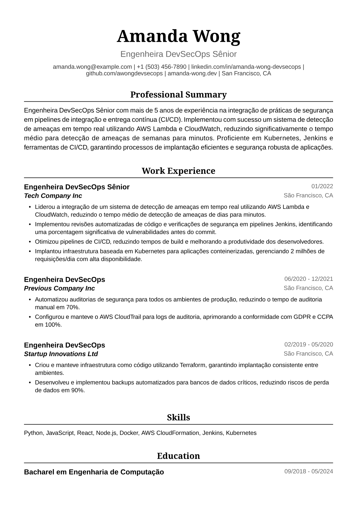 Exemplo de Currículo para Engenheira DevSecOps
