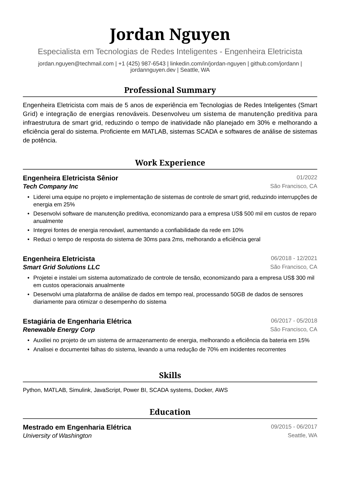 Exemplo de Currículo de Engenheira Eletricista
