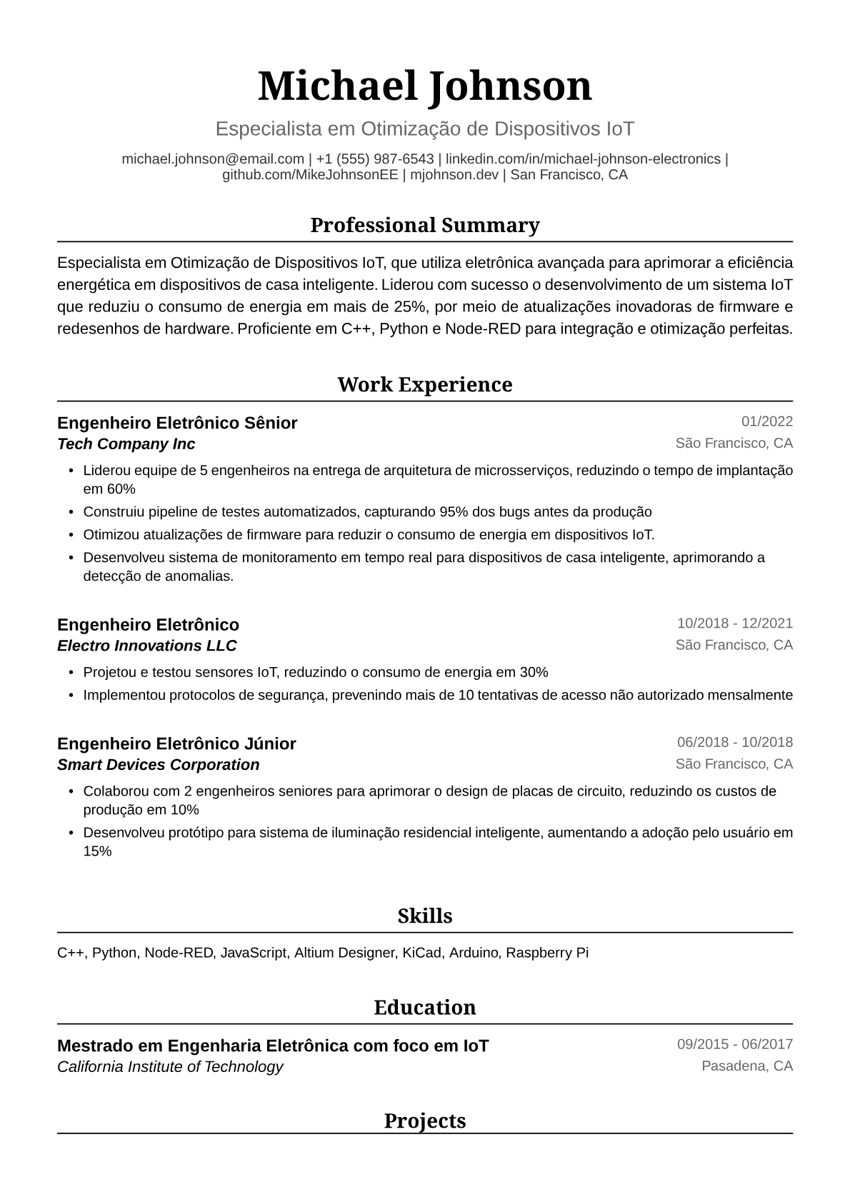 Exemplo de Currículo para Engenheira Eletrônica