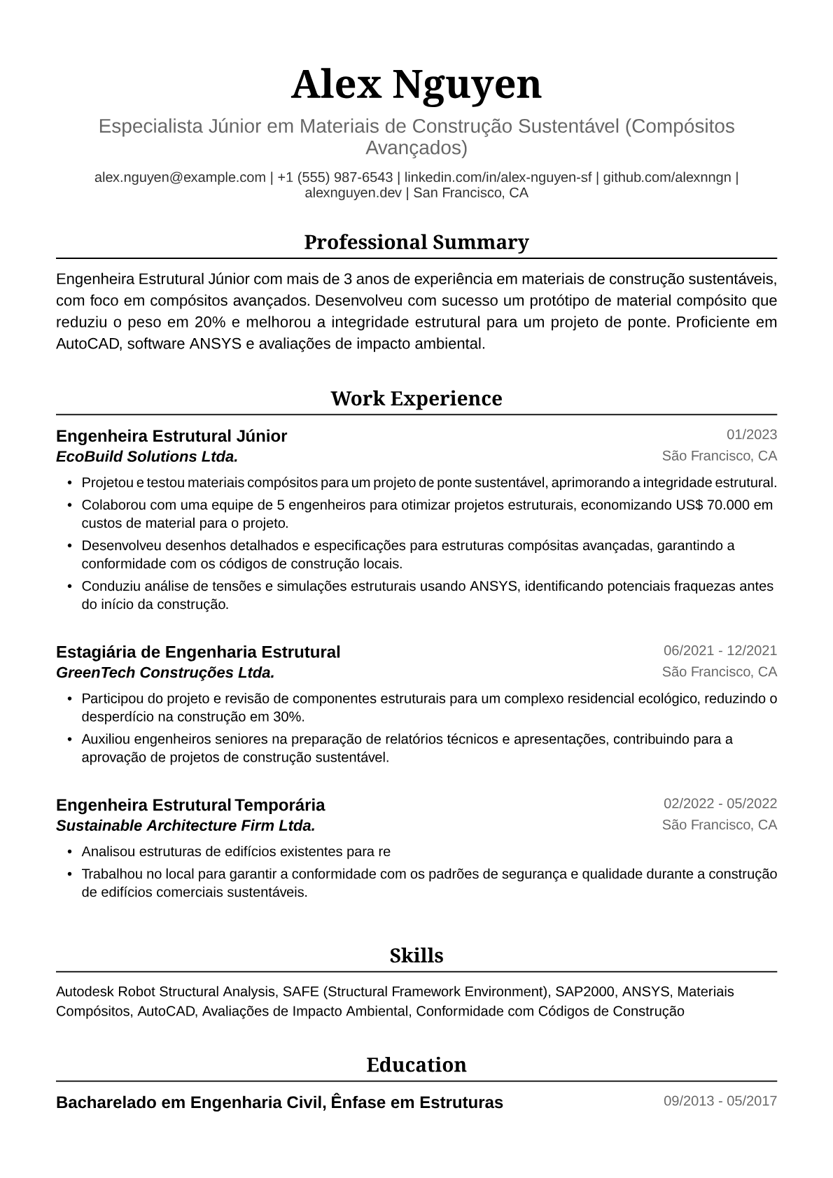Exemplo de Currículo para Engenheira Estrutural Júnior