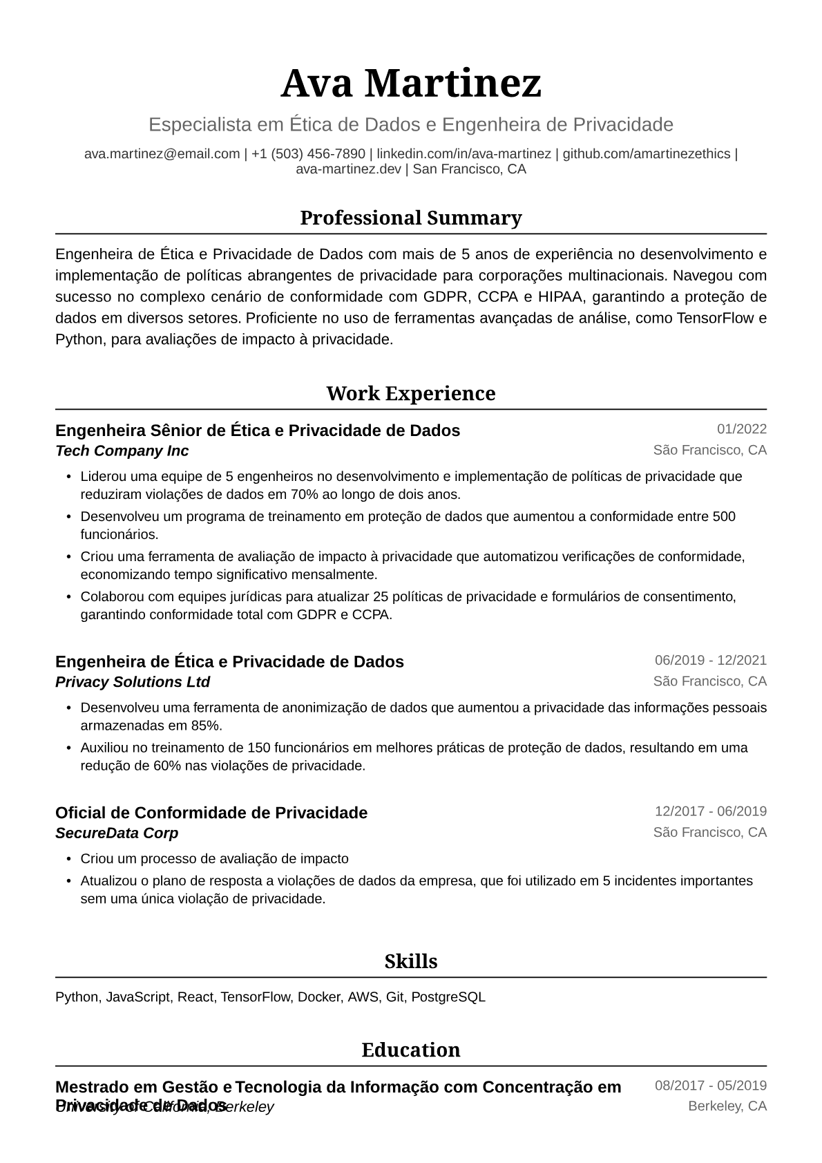 Exemplo de Currículo para Engenheira de Ética e Privacidade de Dados