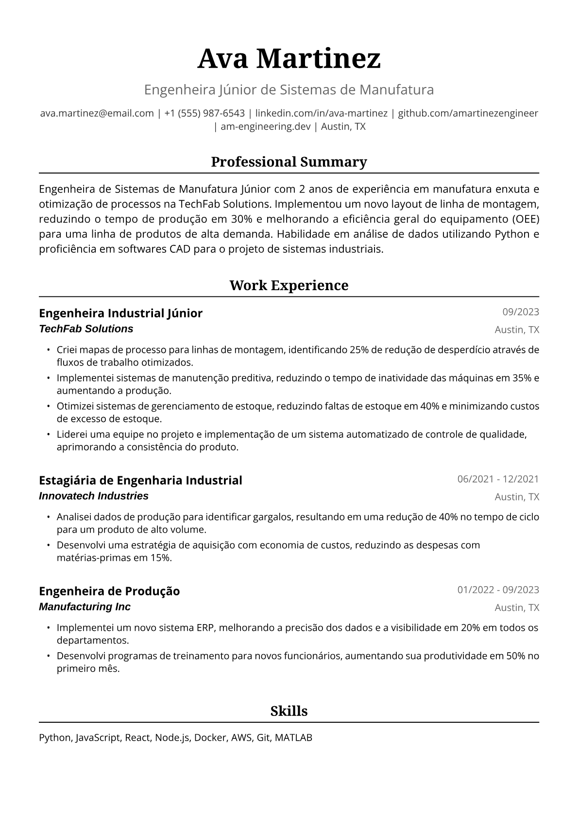 Exemplo de Currículo para Engenheira Industrial Júnior