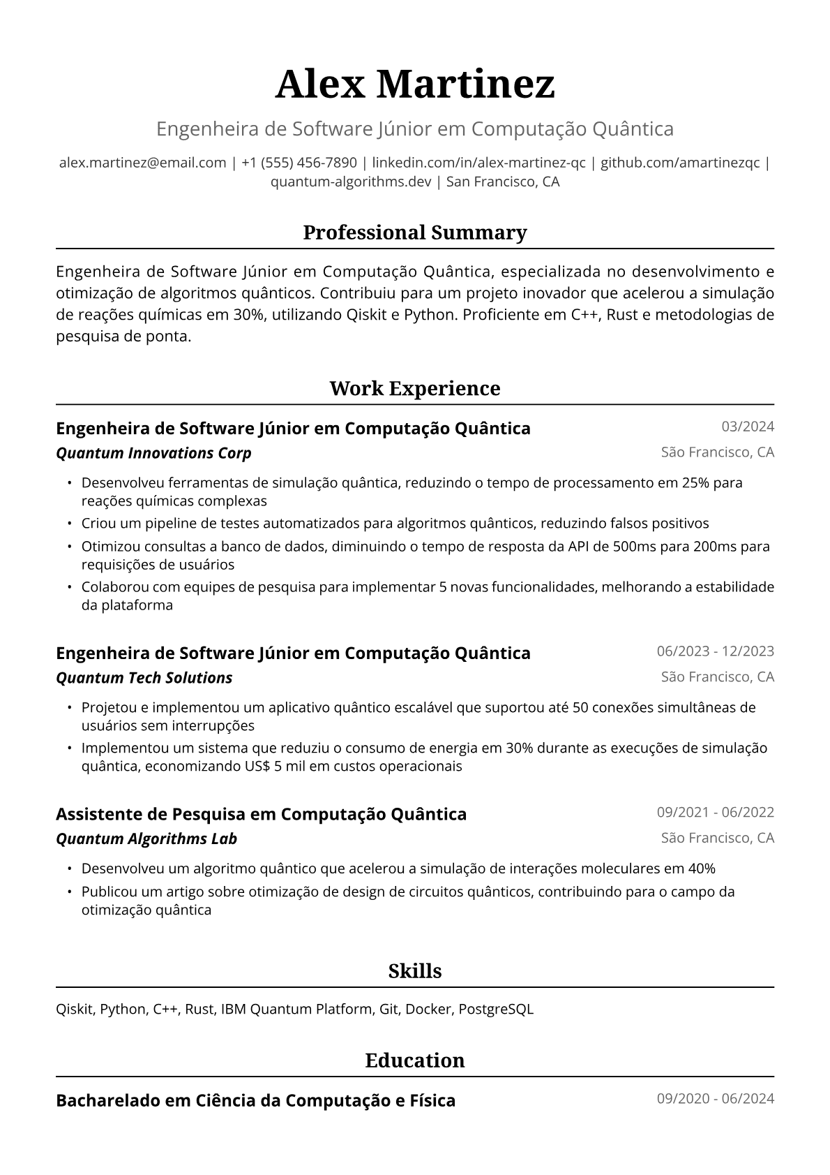 Exemplo de Currículo para Engenheira Júnior