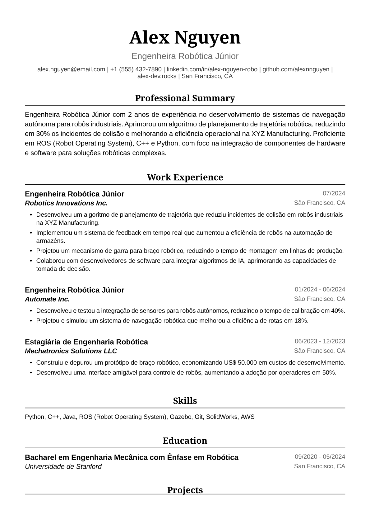 Exemplo de Currículo para Engenheira Robótica Júnior