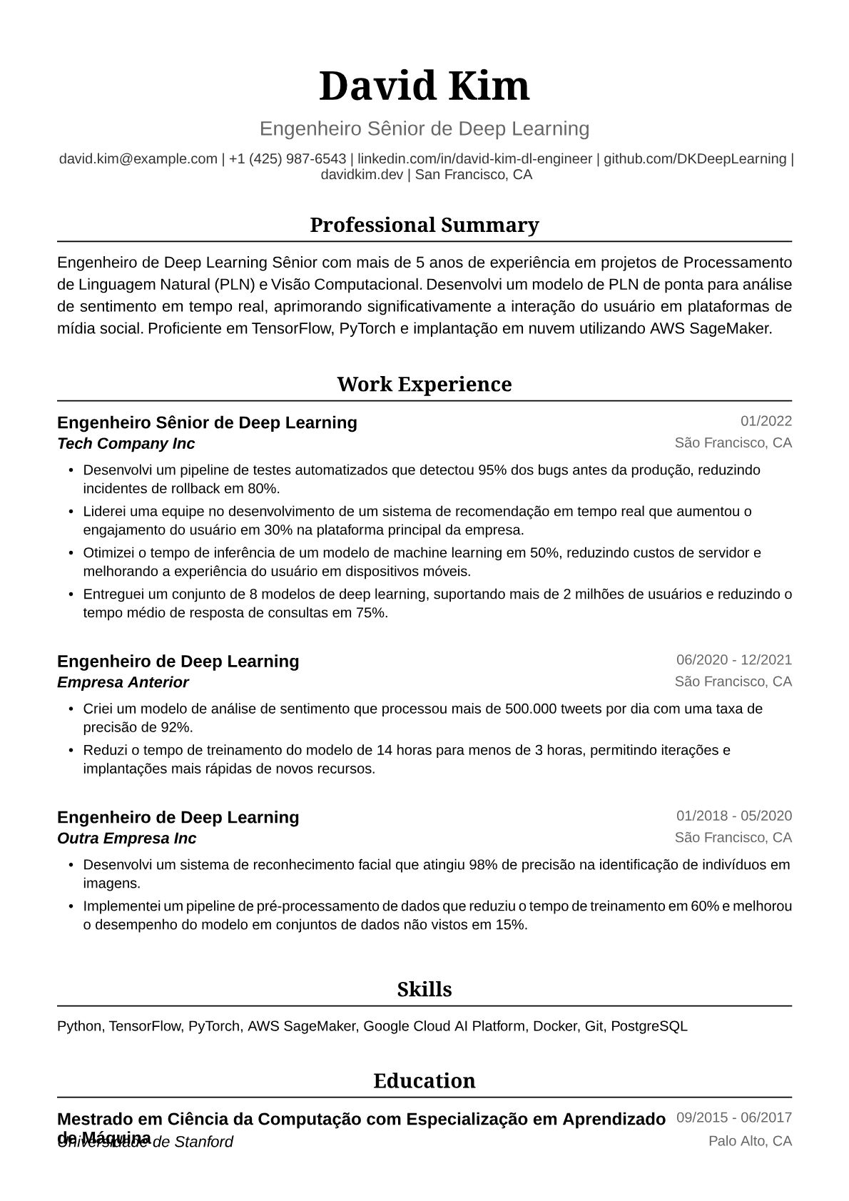 Exemplo de Currículo para Engenheiro de Deep Learning