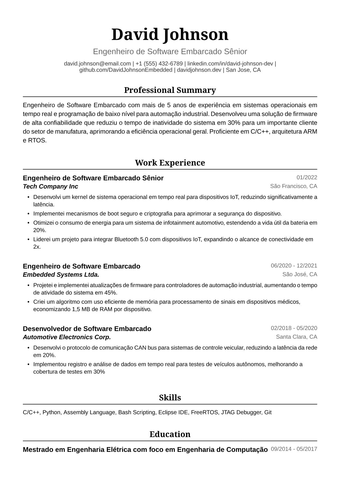Exemplo de Currículo para Engenheiro de Software Embarcado