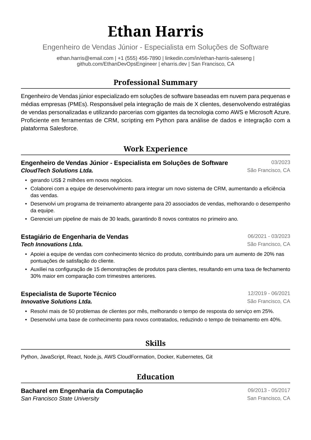 Exemplo de Currículo para Engenheiro de Vendas Júnior