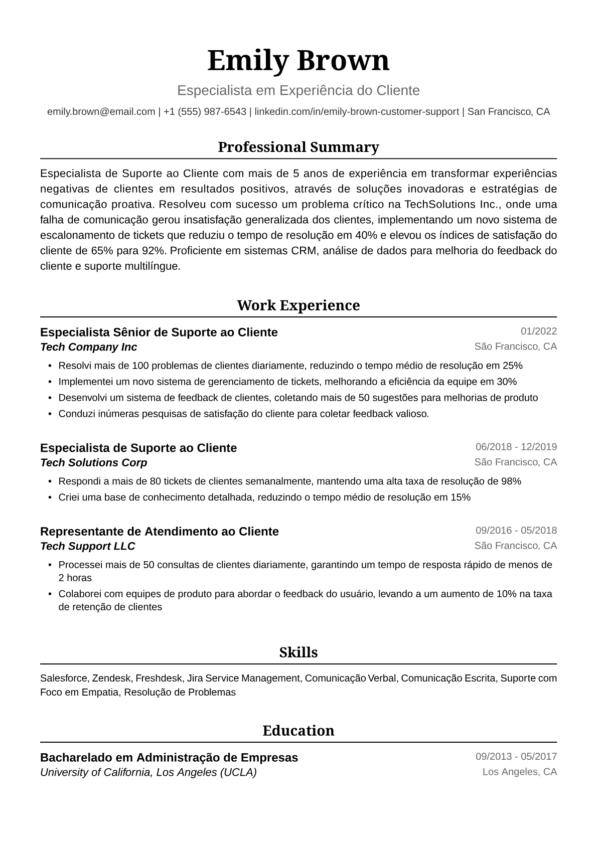 Exemplo de Currículo para Especialista de Suporte ao Cliente