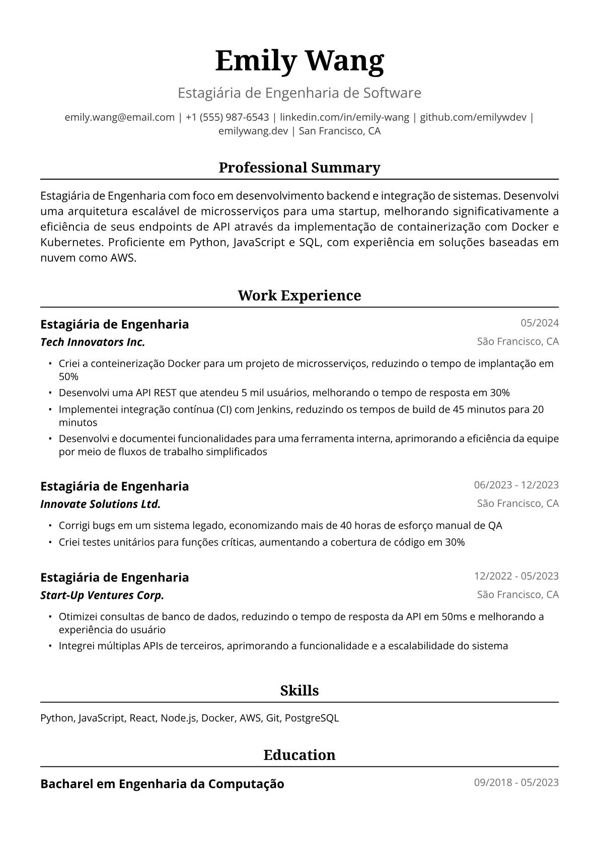 Exemplo de Currículo para Estagiária de Engenharia