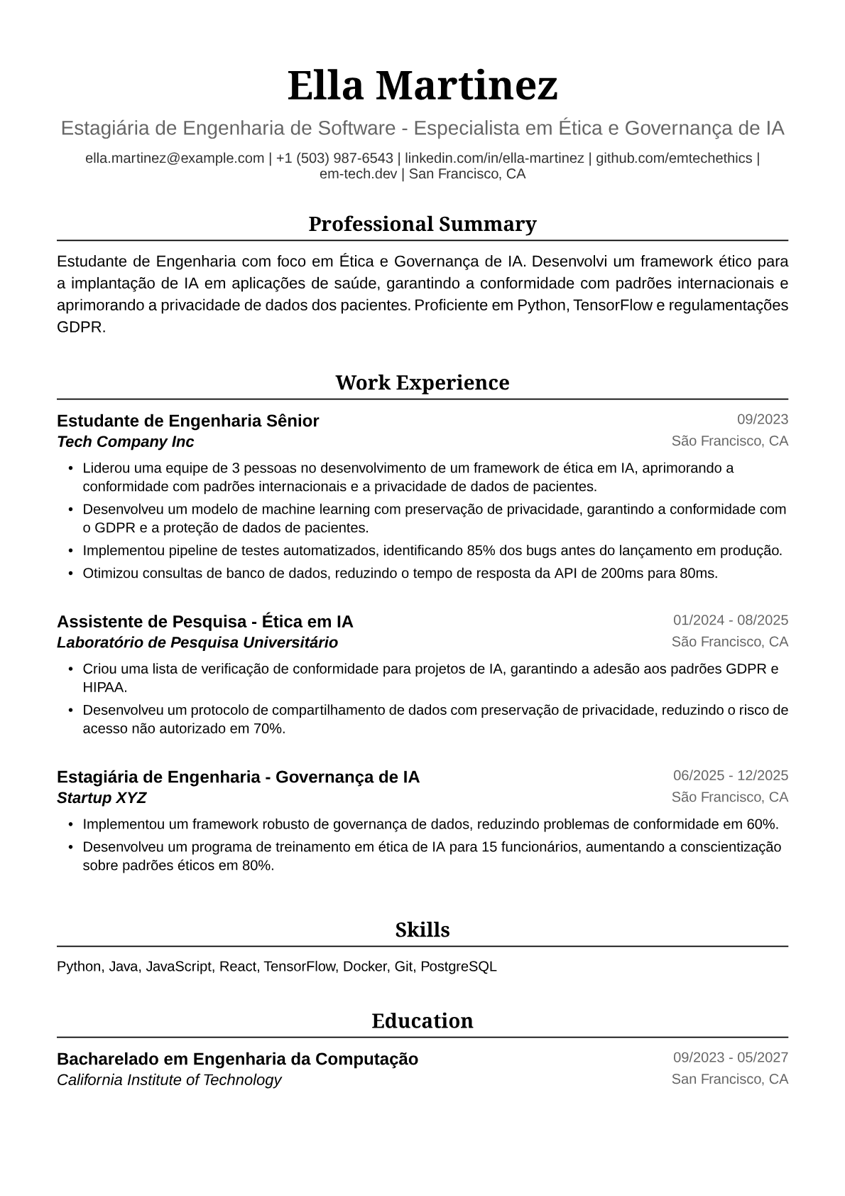 Exemplo de Currículo de Estudante de Engenharia