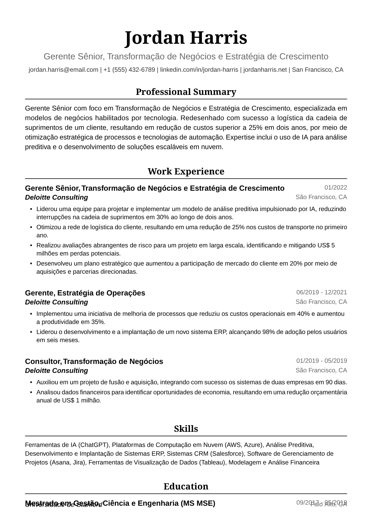 Exemplo de Currículo para Consultora Deloitte