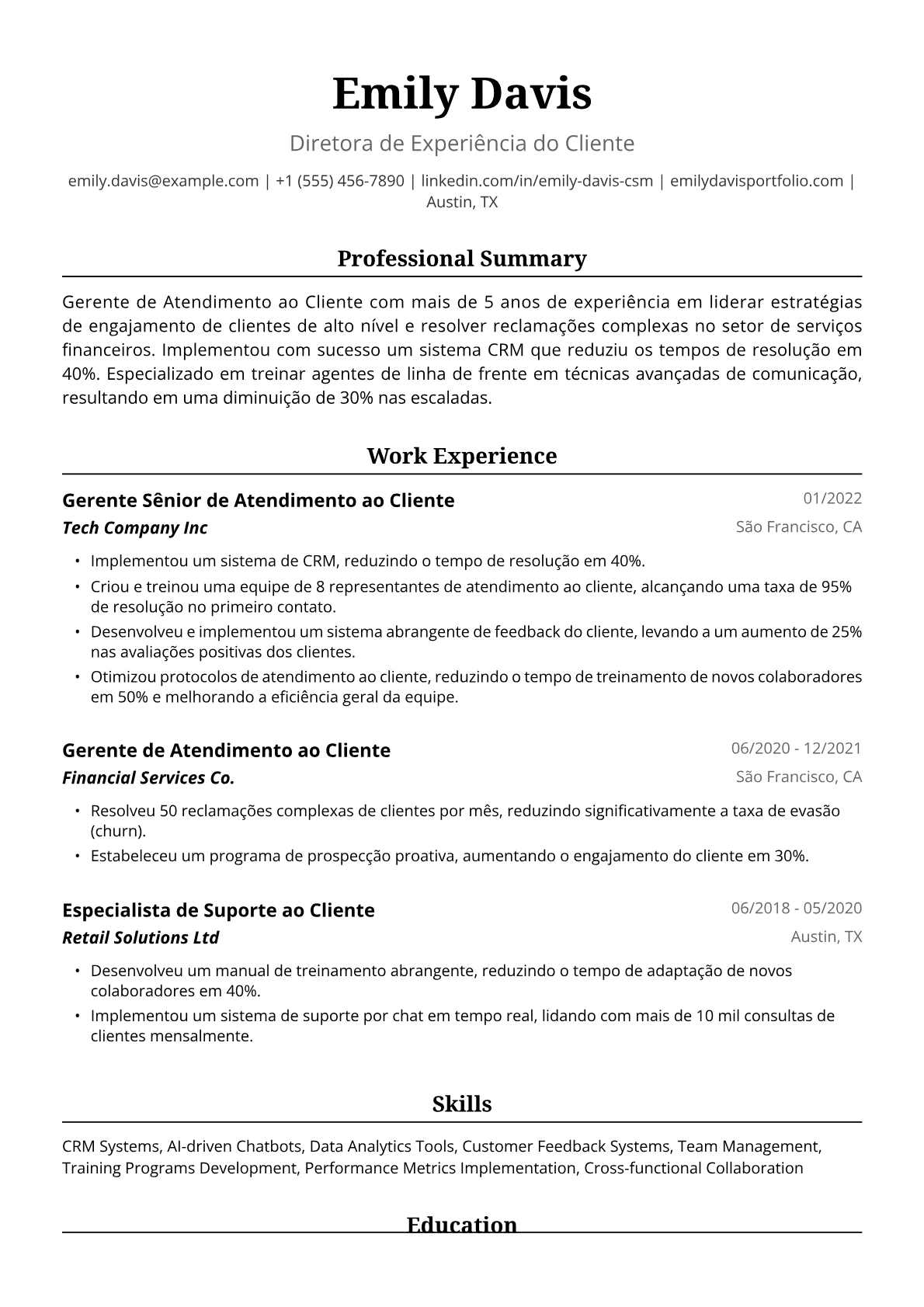 Exemplo de Currículo para Gerente de Atendimento ao Cliente