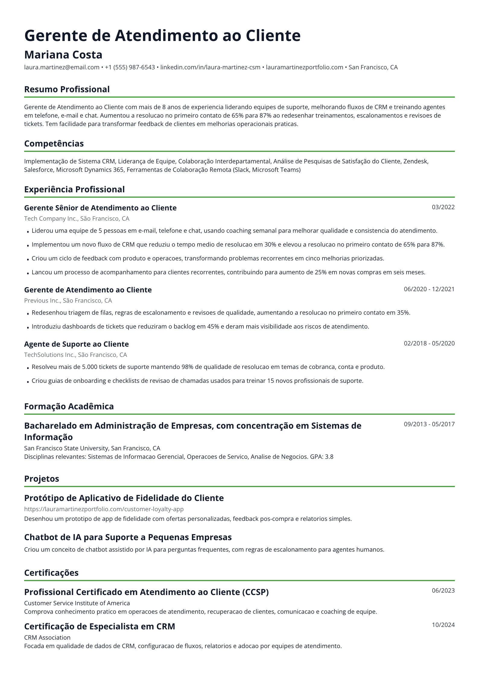 Gerente de Atendimento ao Cliente