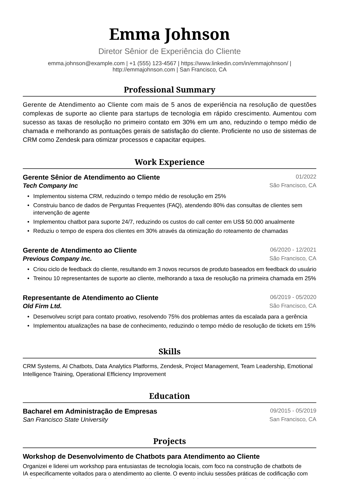 Exemplo de Currículo para Gerente de Atendimento ao Cliente