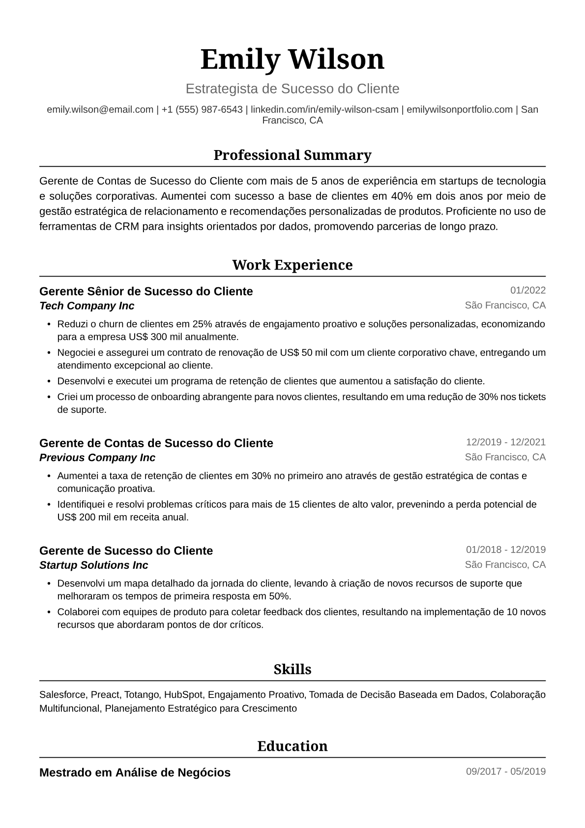 Exemplo de Currículo para Gerente de Contas de Sucesso do Cliente