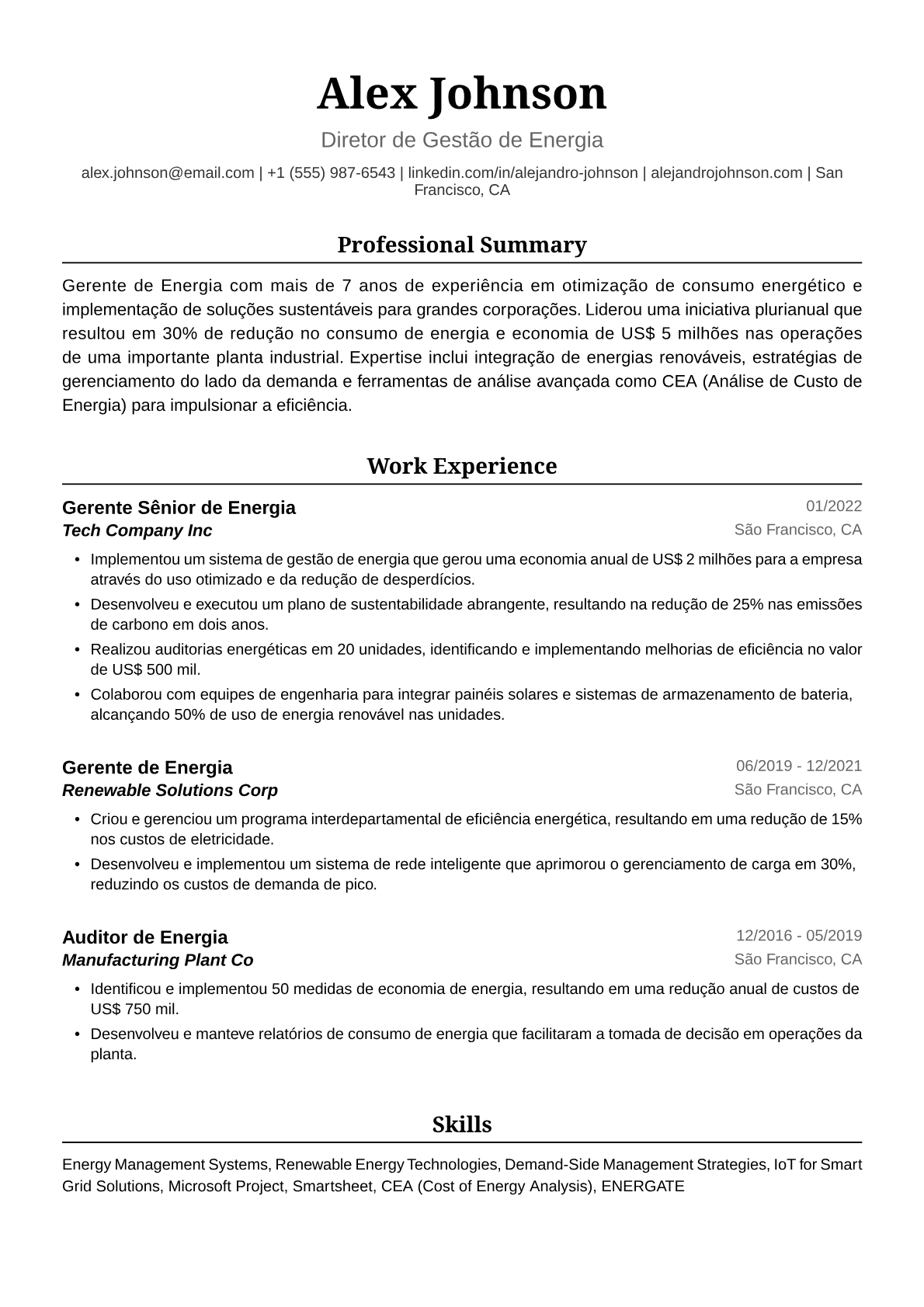 Exemplo de Currículo de Gerente de Energia