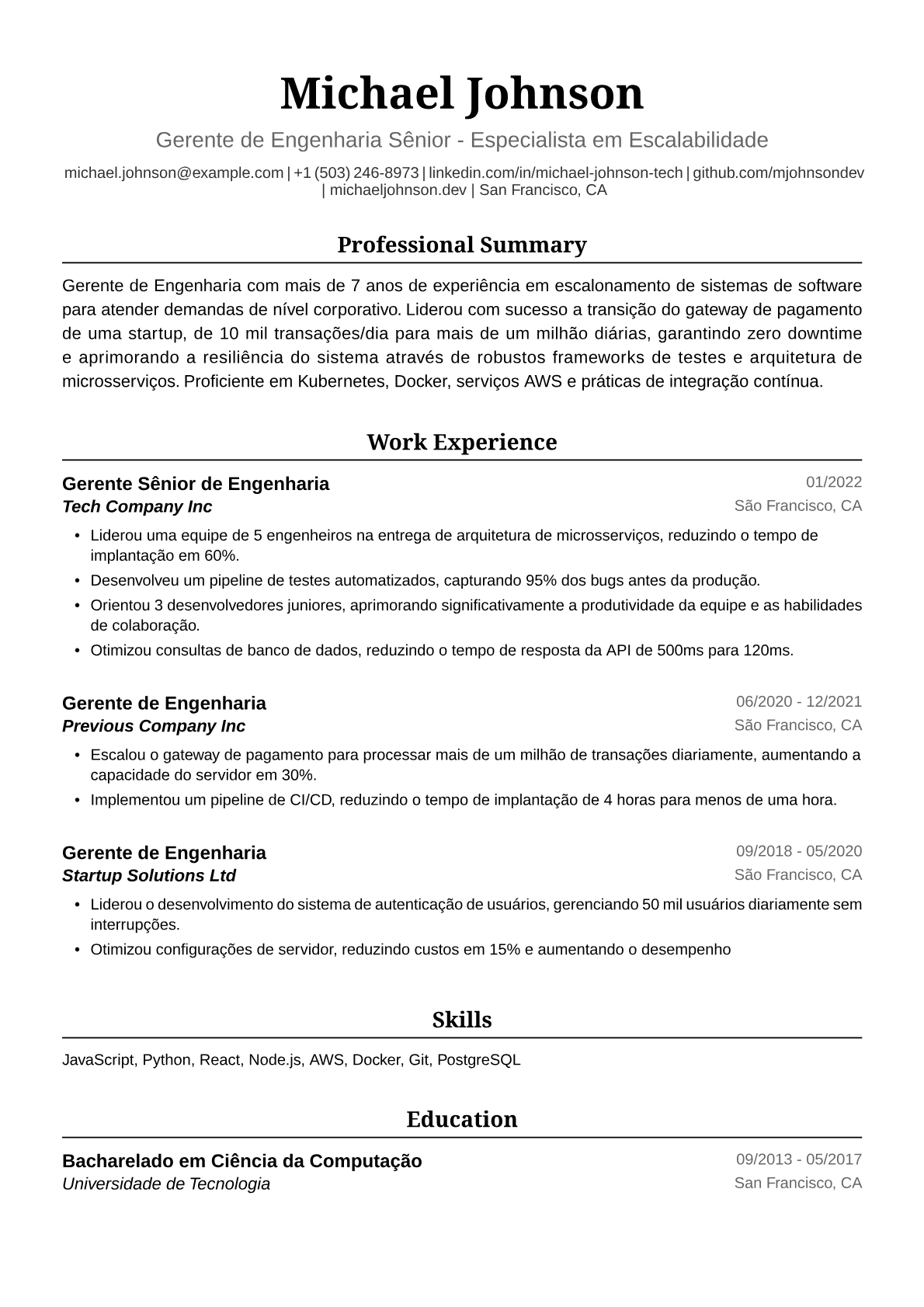 Exemplo de Currículo para Gerente de Engenharia