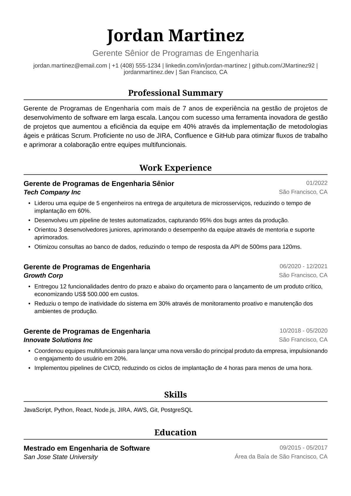 Exemplo de Currículo para Gerente de Programas de Engenharia