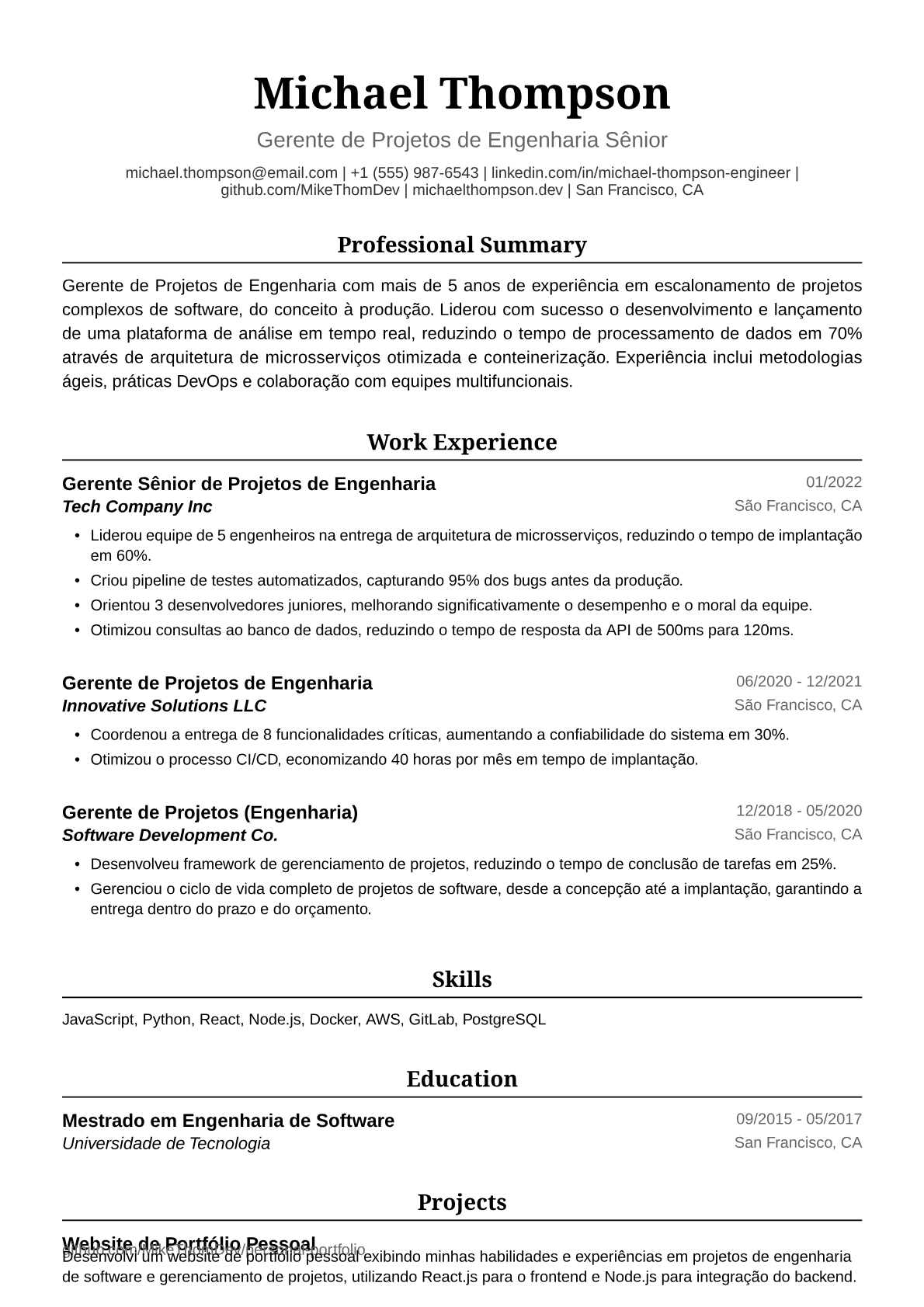 Exemplo de Currículo para Gerente de Projetos de Engenharia