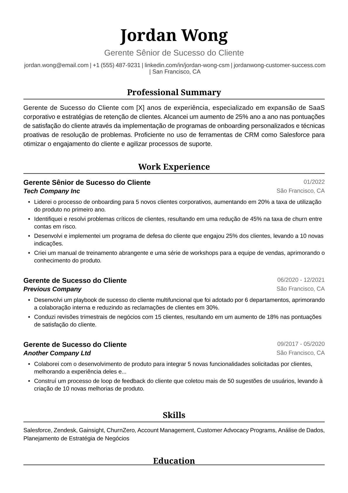 Exemplo de Currículo para Gerente de Sucesso do Cliente