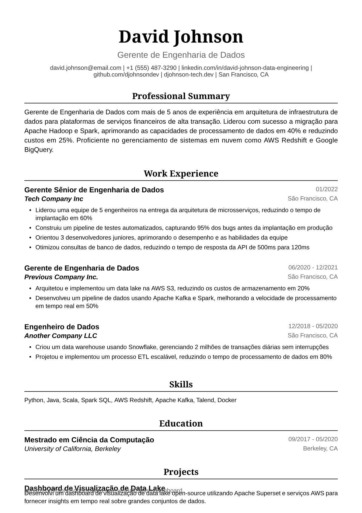 Exemplo de Currículo para Gerente de Engenharia de Dados