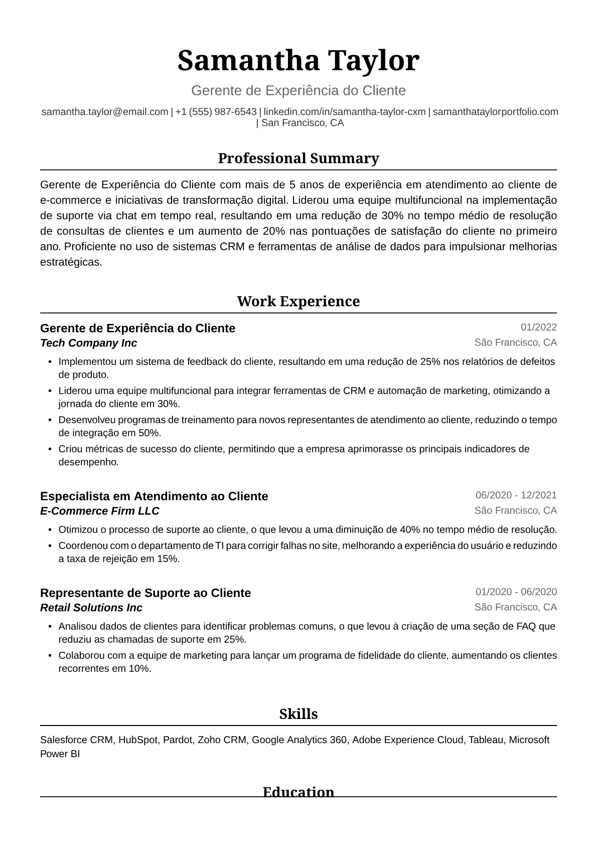 Exemplo de Currículo para Gerente de Experiência do Cliente