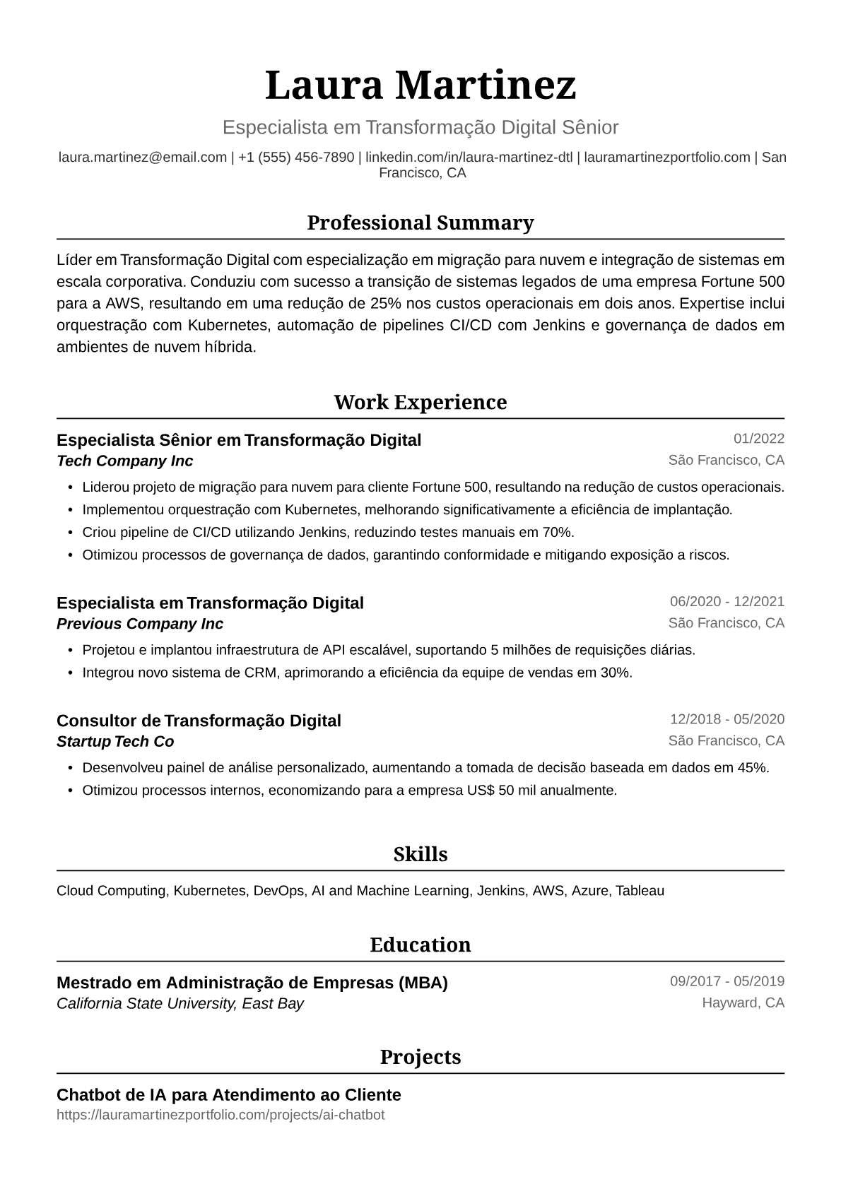 Exemplo de Currículo para Gerente de Transformação Digital