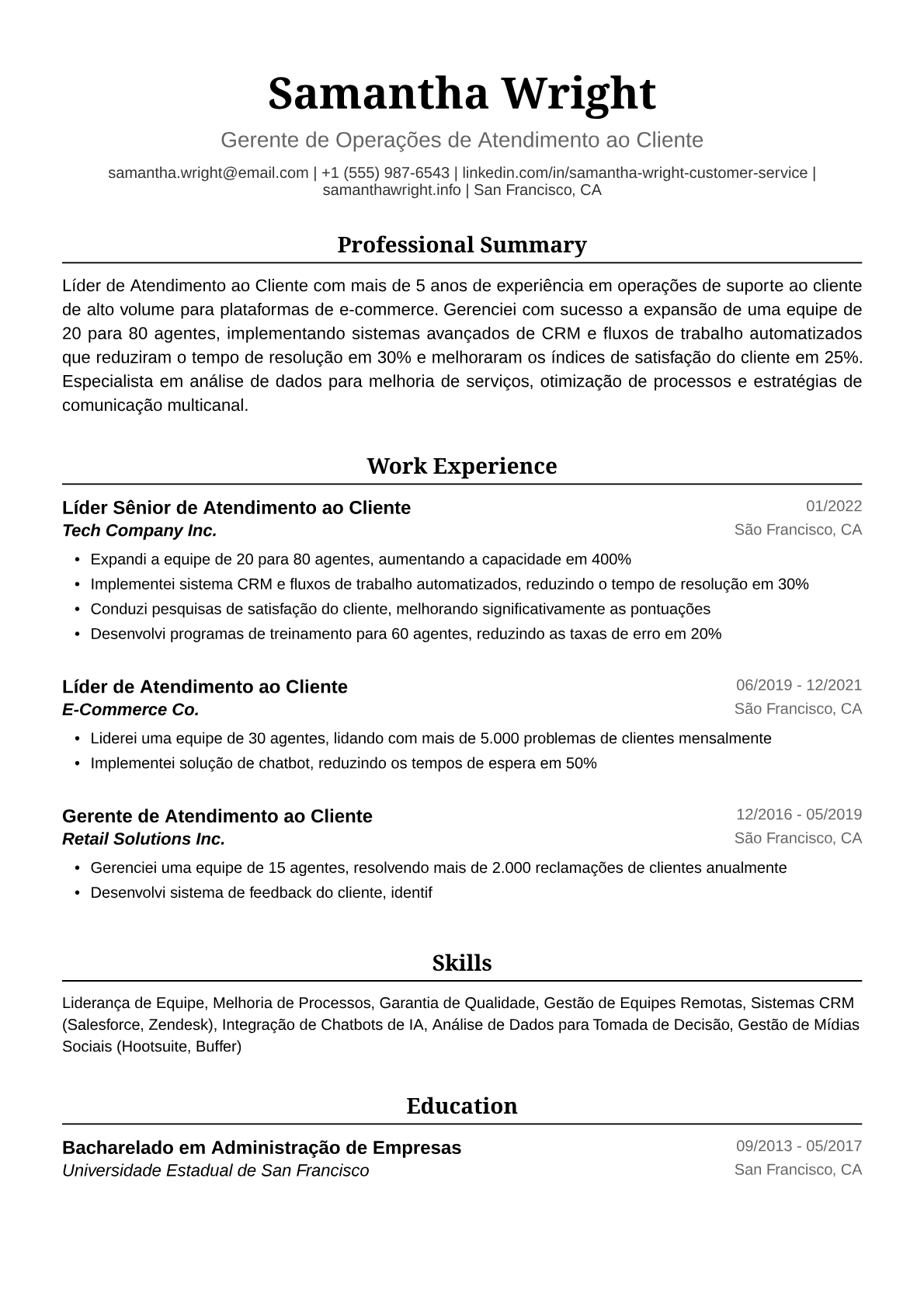 Exemplo de Currículo de Líder de Atendimento ao Cliente