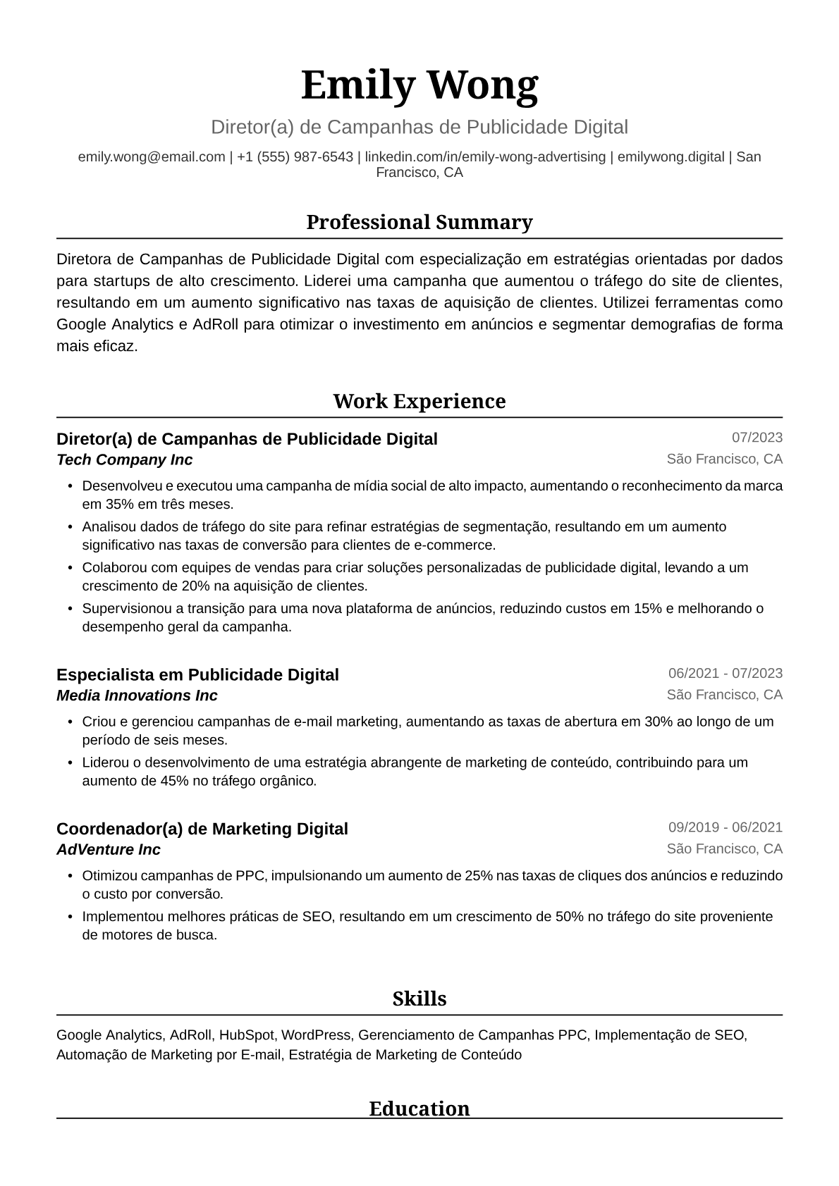 Exemplo de Currículo para Publicitária Digital