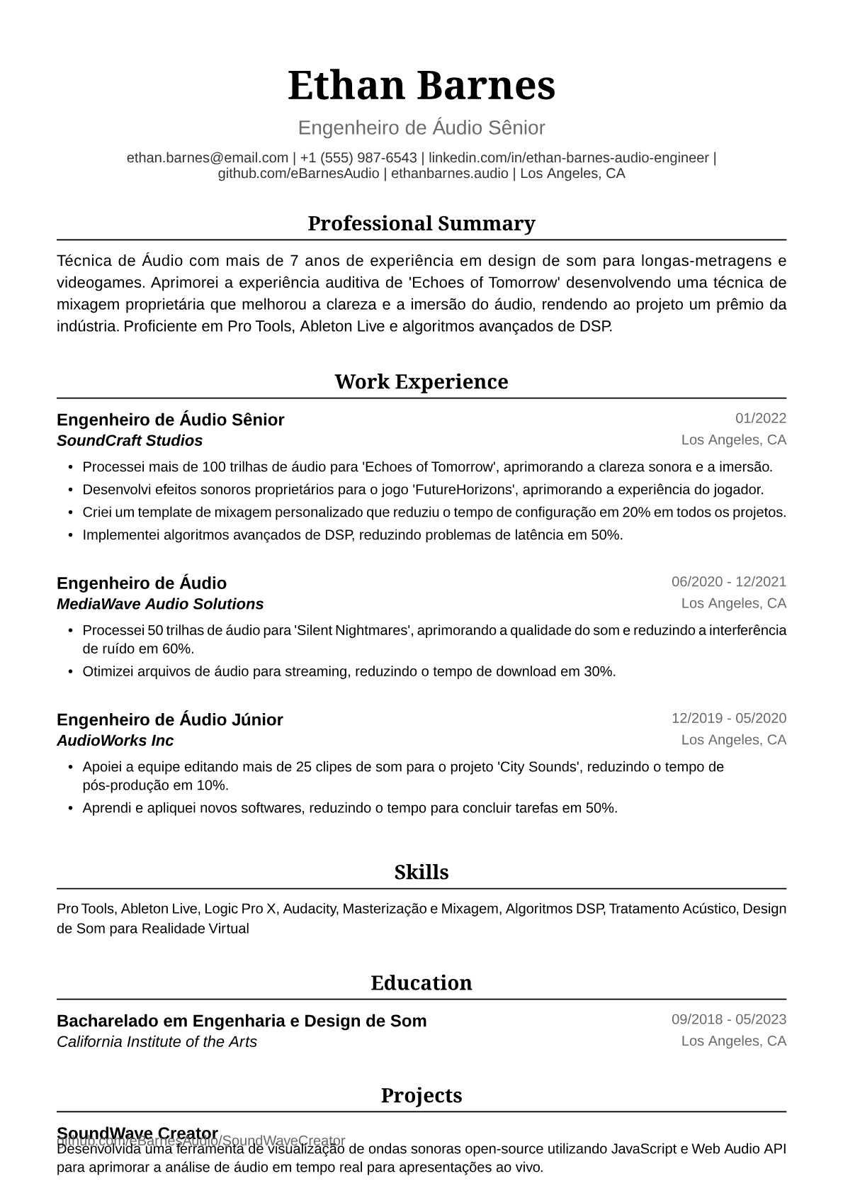 Exemplo de Currículo para Técnica de Áudio