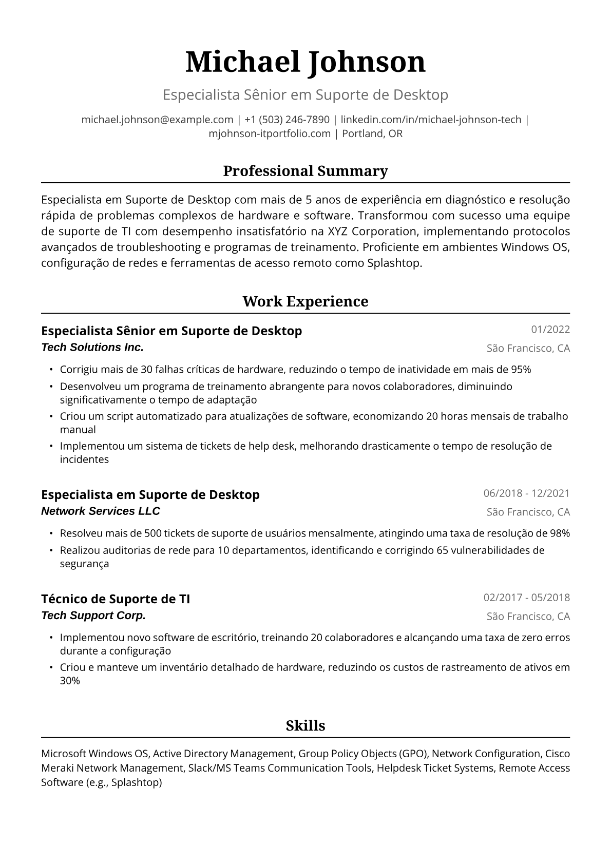 Exemplo de Currículo de Técnica de Suporte de TI