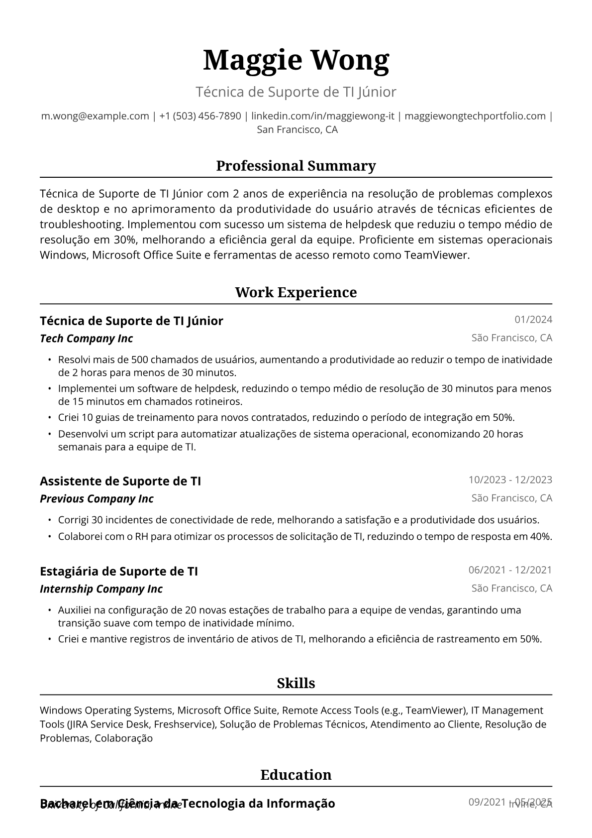 Exemplo de Currículo para Técnica de Suporte de TI Júnior