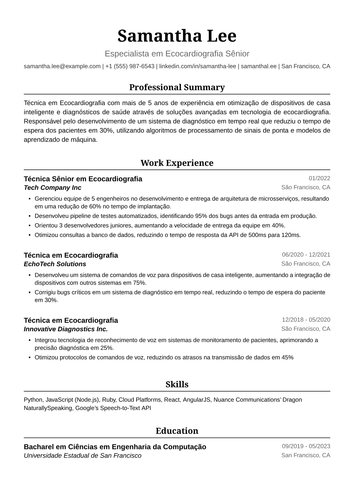 Exemplo de Currículo de Técnica em Ecocardiografia