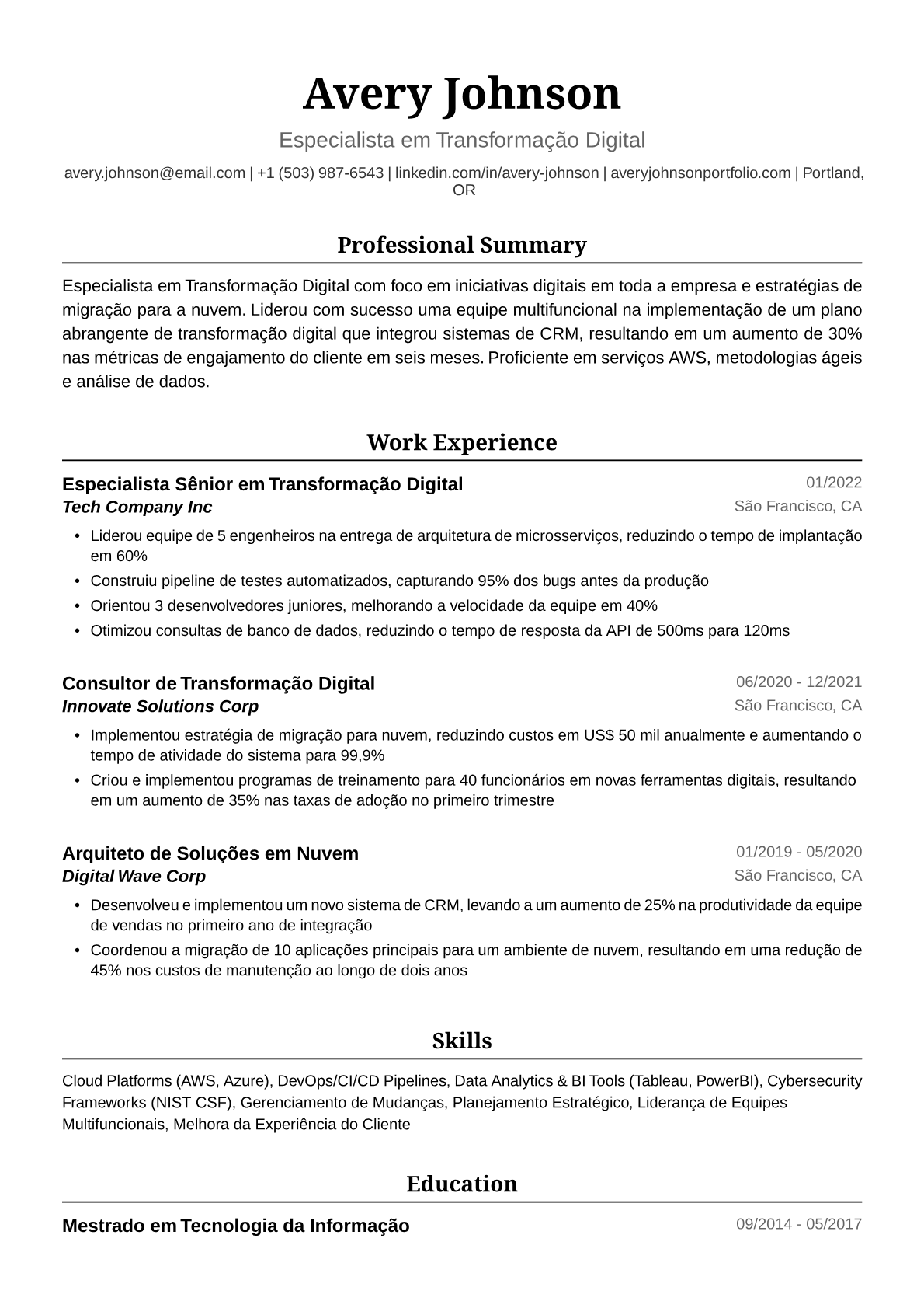 Exemplo de Currículo em Transformação Digital